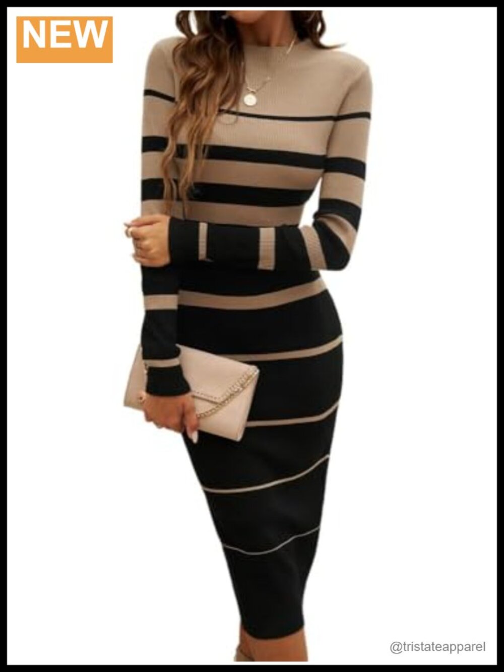 Women's Striped Ribbed Knit Midi Sweater Dress Long Sleeve Bodycon Slim Fit
